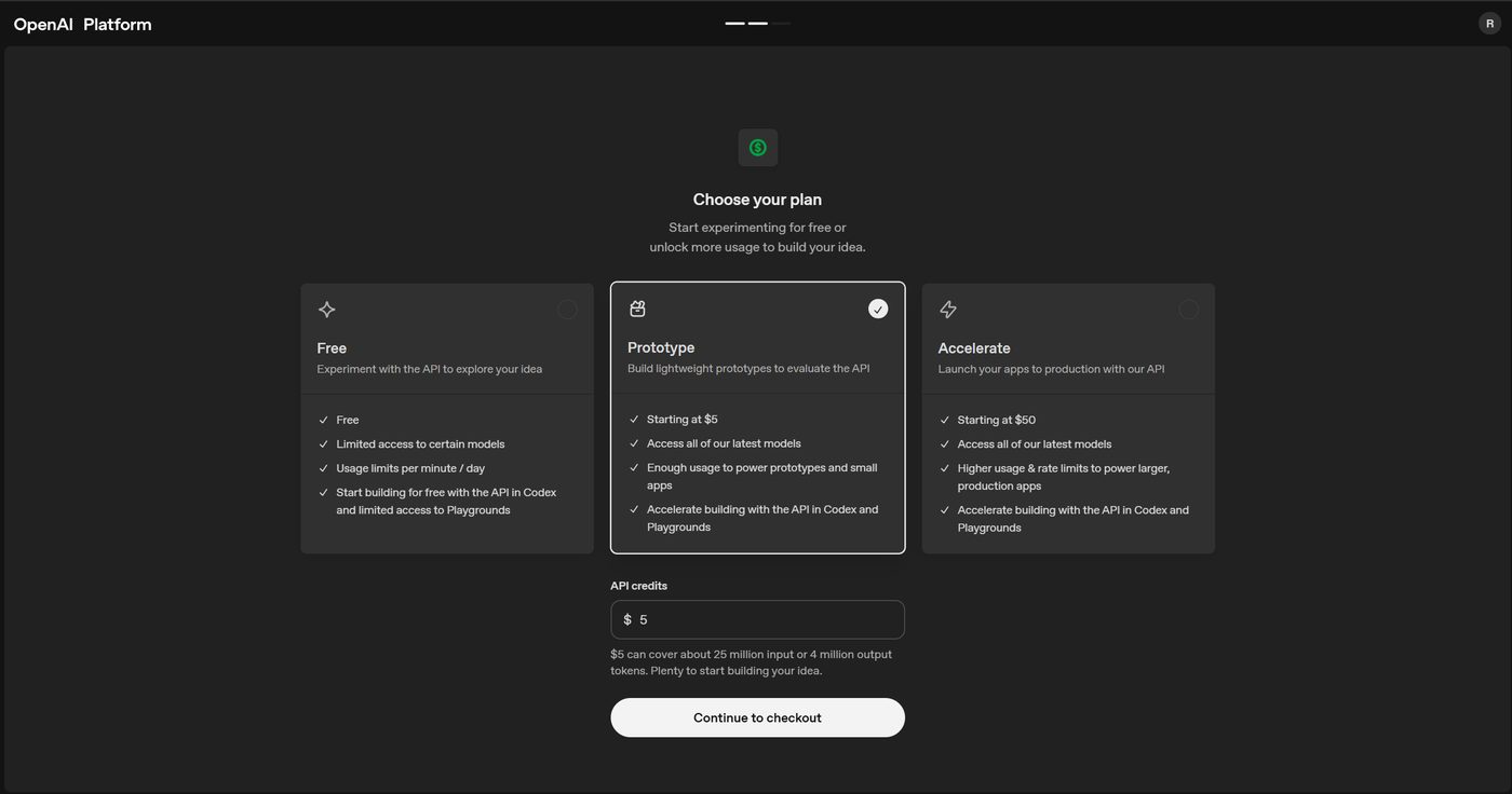 Pantalla para elegir los créditos de la API